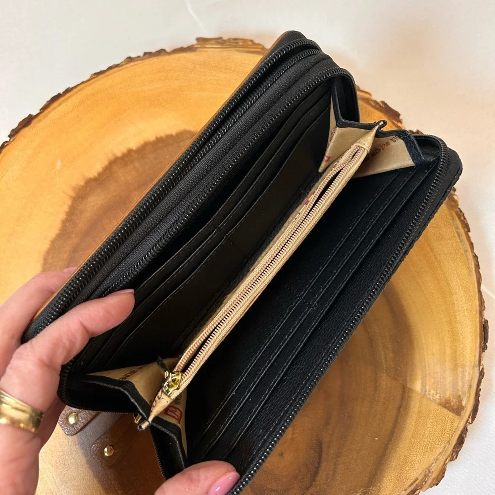 Stone Mountain Black & Cognac Tan Leather Paisley Zip Around Wallet & Checkbook - Picture 6 of 9